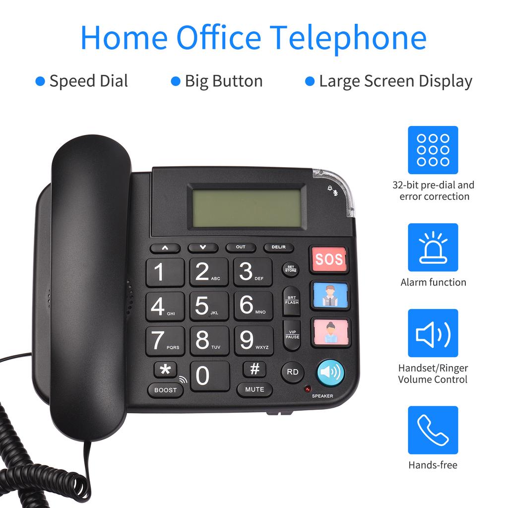 Black Corded Phone with Big Button Desk Landline Phone Telephone Support