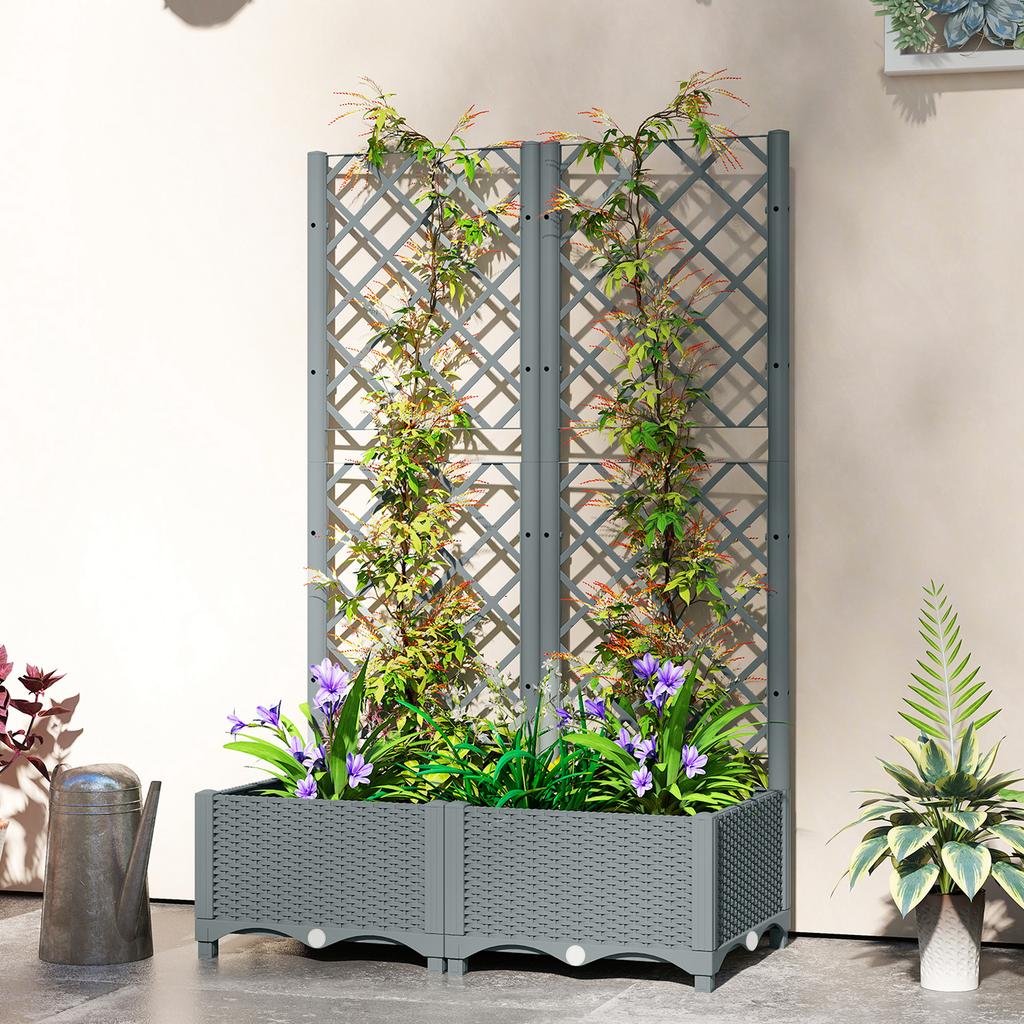 Raised Garden Bed with Trellis, Plastic Planter Box with Drainage Holes, Drain Plugs and Water Reservoirs for Climbing Plants, Vegetables, Flowers