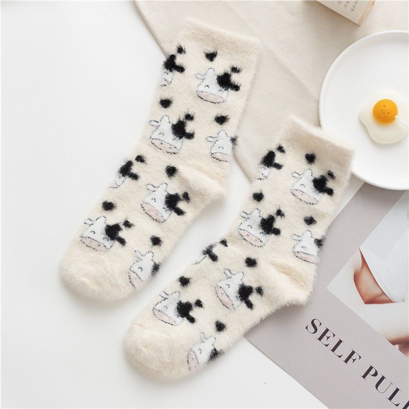 1 Pairs Women's Plush Mid Length Socks Kawaii Dairy Cattle Thickening Mink Wool Sweet Soft Warm Stay At Home Women's Floor Socks