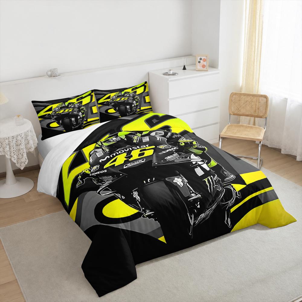 3 Piece Bedding Set Valentino Rossi 46 MotoGP Motorcycle Neon Yellow Duvet Cover for Men Fan Gift