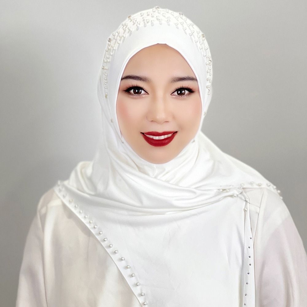Удобный мусульманский хиджаб с бусинами, однотонный, полностью закрывающий, турецкий платок-повязка на голову, арабский хиджаб-шапка
