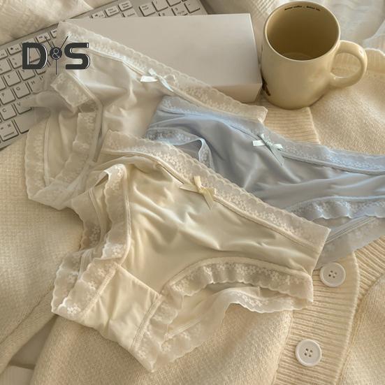 Women Panties Seamless Lace Bow Decor Soft Solid Color Elastic Thin High Waist Quick Drying Breathable Anti Septic Lady Underpants Briefs
