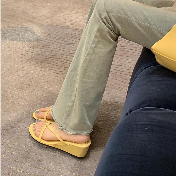 Тапочки из овчины, высота каблука 6 см, женские летние тапочки с открытым носком, фея, ветер, уличная обувь, тонкий ремешок, танкетка, елочка, прохладные тапочки