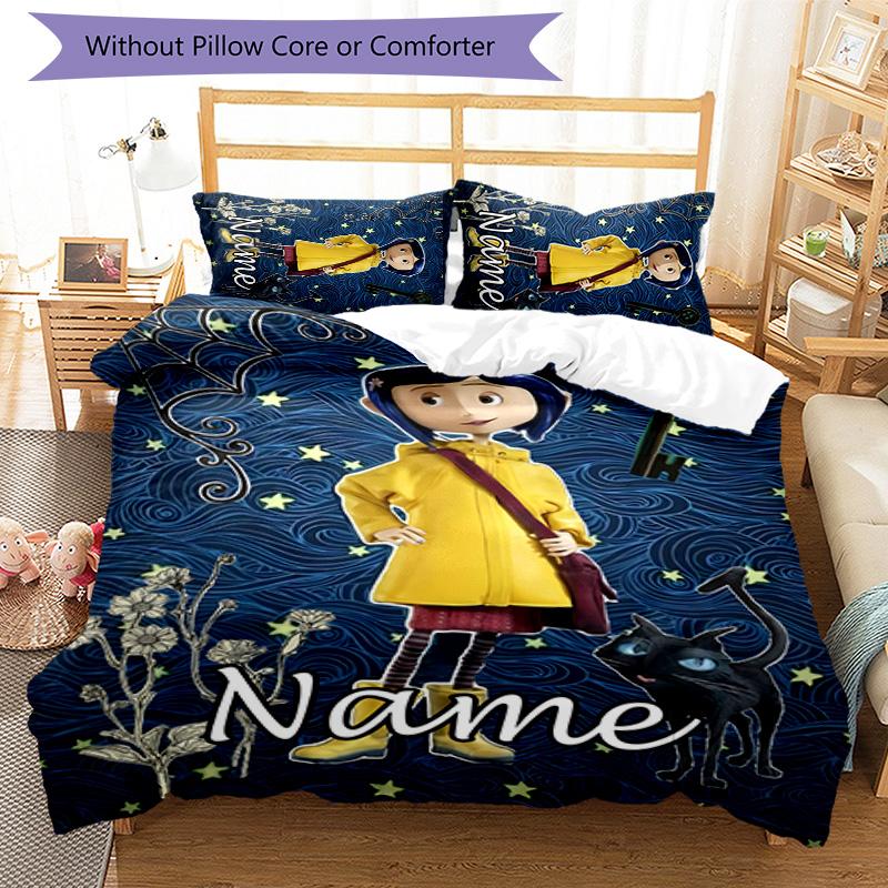3pcs Coraline3 Cover Set - Personalized Name, HD Printed Bedding with 1 Cover and 2 Pillowcases - Perfect for Home Decor, Easy Care