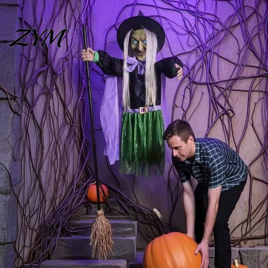 Halloween Festival Atmosphere Decor 200cm Flying Witch Prop with Scary Sounds & Glowing Eyes, Sound Activated Party Creepy for Garden Yard Lawn,