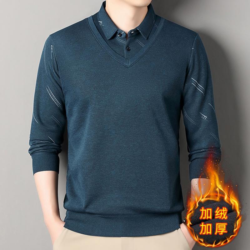 Новый осенне-зимний мужской свитер, утолщенный свитер-обманка из двух частей, теплая рубашка с воротником, повседневный универсальный базовый свитер