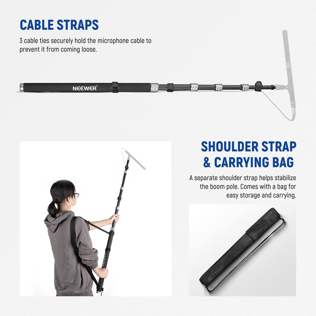 NEEWER Upgraded Microphone Boom Telescopic Carbon Fiber Microphone Boom Arm with 5 and Screw Cable Shoulder and Storage Bag Pole, 9.8ft/300cm
