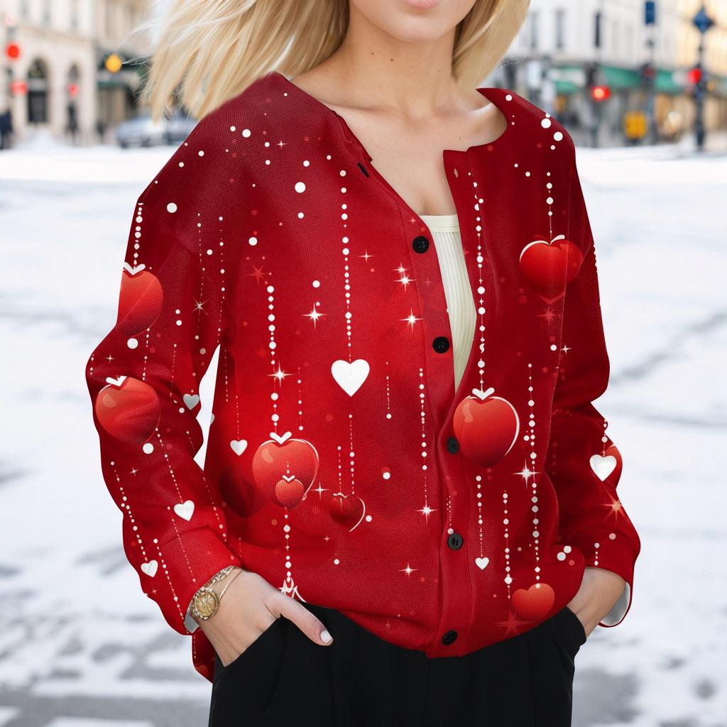 Women's Fashion Valentine's Day Printed Long Sleeve Cardigan Button Jacket