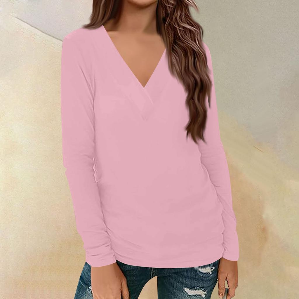 Женский повседневный однотонный принтованный длинный рукав свободный пуловер с V-образным вырезом