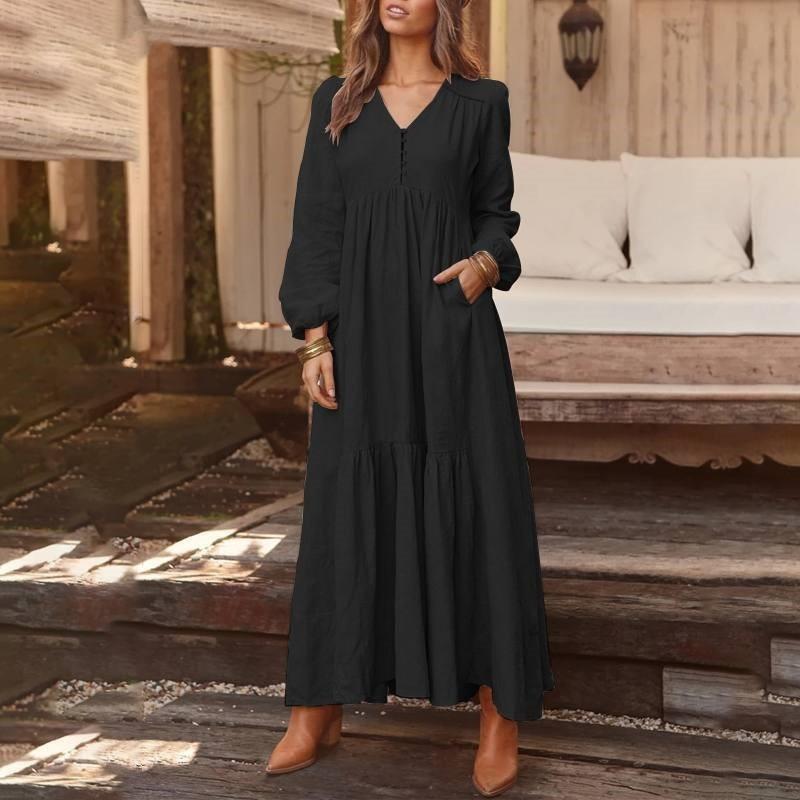 Women's Fashion Spring Fall Solid Color Print Long Sleeve V-Neck Loose Waistline Casual Dresses