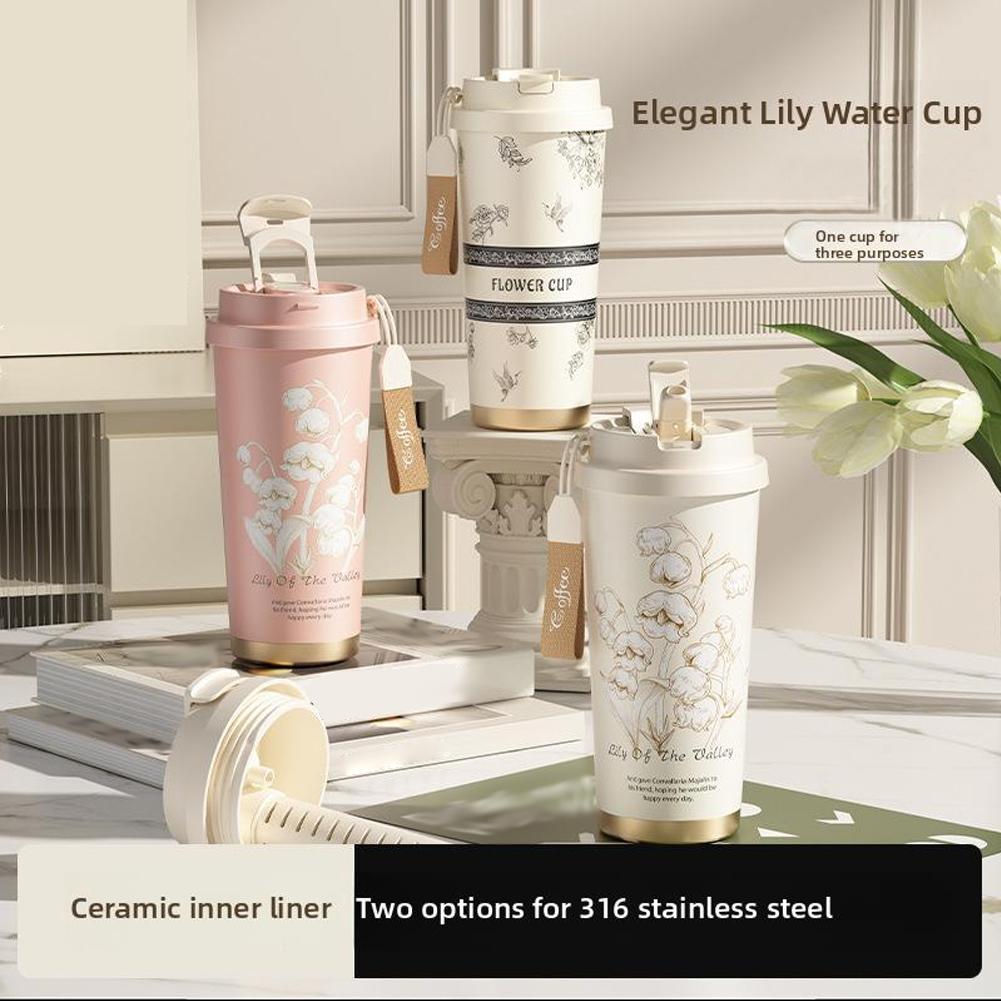 Lily of the Valley Ceramic Liner Coffee Cup For Girls Double High-end Drinking Cup Steel Gift H K3M4