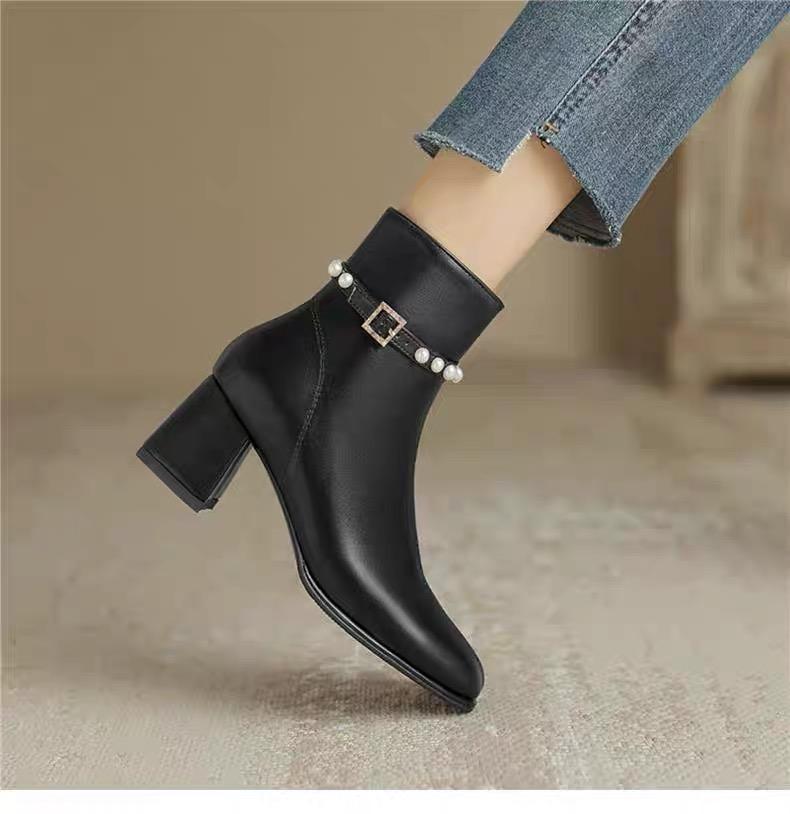 Fashion Boots for Ladies Non-Slip Outdoors Solid Color 2024 New Autumn Winter Women's Ankle Boots Leather Pearl Decoration Boots