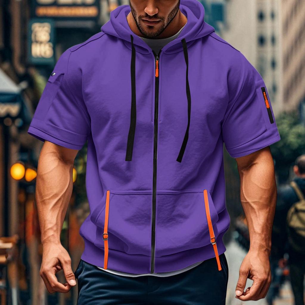 Men's Casual Short-sleeved Sweatshirt. Loose And Breathable Solid-color Sweatshirt Jacket With Multiple Pockets And A Zipper.