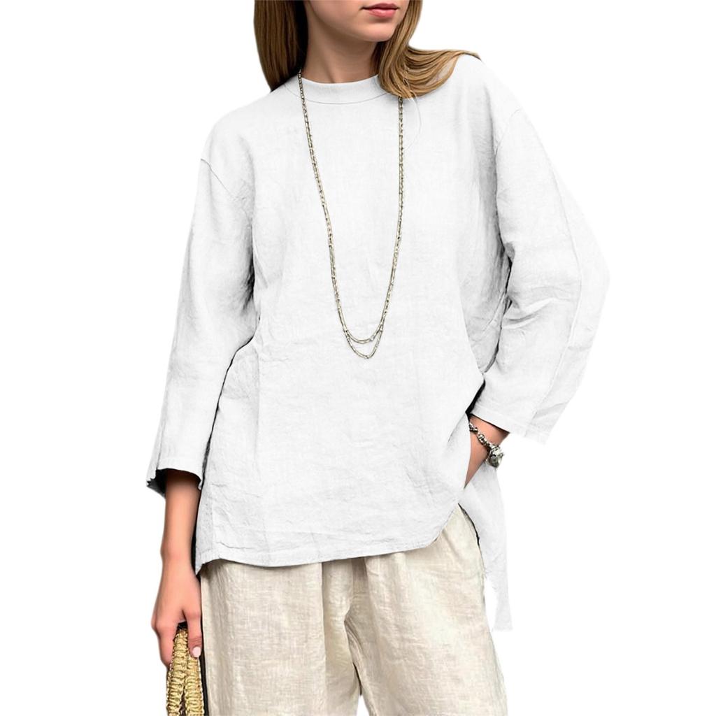 Женский свободный топ из хлопка и льна с ретро-принтом, круглым вырезом и длинными рукавами