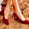 Mary Jane Shoes 2025 New French Pearl Chain Bow High Heels Round Head Thick Heel Light Mouth Versatile Single Shoes