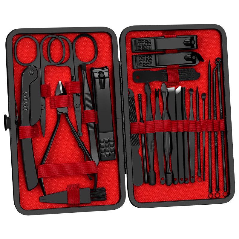 Набор из 24 предметов из черной нержавеющей стали для ухода за ногтями и грумингом