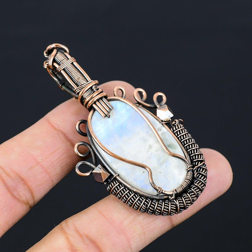 Unique Moonstone Gemstone Pure Copper Wire Wrapped Handmade Pendant Jewelry
