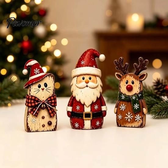Vintage Santa Claus Elk Cat Figurines Christmas Wooden Tabletop Figurine, Hand Painted Reindeer Decor, Rustic Winter Home Holiday Ornaments