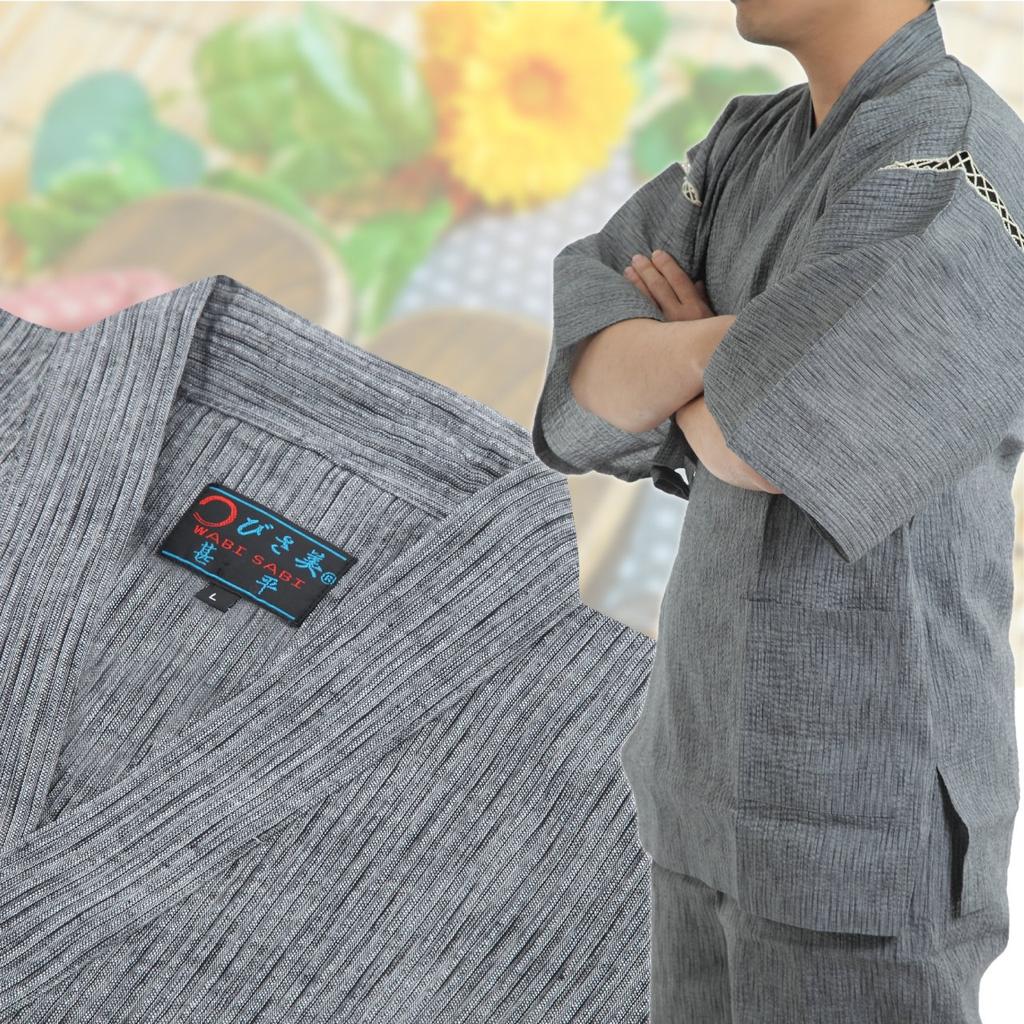 Мужской джинбэй из ткани шиджира Edoten, Прохладная летняя одежда, 100% хлопок, Оригинальный принт в стиле ретро с золотыми рыбками, Светло-серый, Размер M