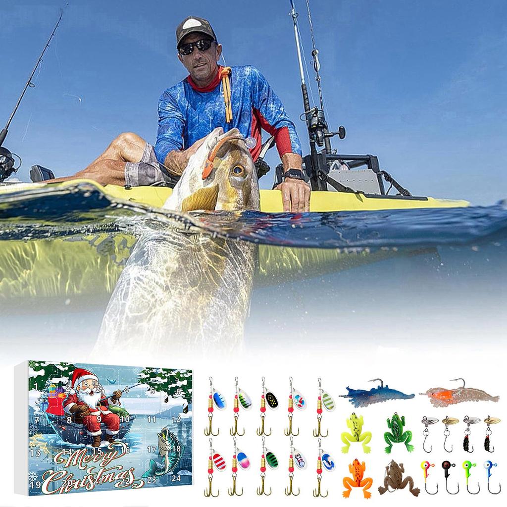 24 шт Адвент-календарь Рыбалка Рождественский обратный отсчет, рыболовные снасти Адвент-календарь для рыбалки Взрослые мужчины Подростки Мальчики, Рождественский сюрприз-подарок