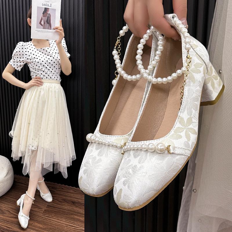 High Heels Women's 2025 New Chinese Pearl Chain Antique Mary Jane Shoes Square Head Light Mouth Thick Heel Single Shoes Women