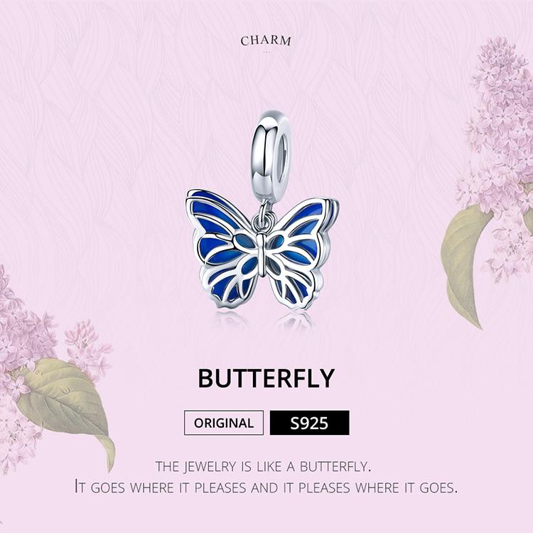 BAMOER Authentic 925 Sterling Silver Butterfly Dangle Charms Blue Enamel Beads Fit Original Bracelet