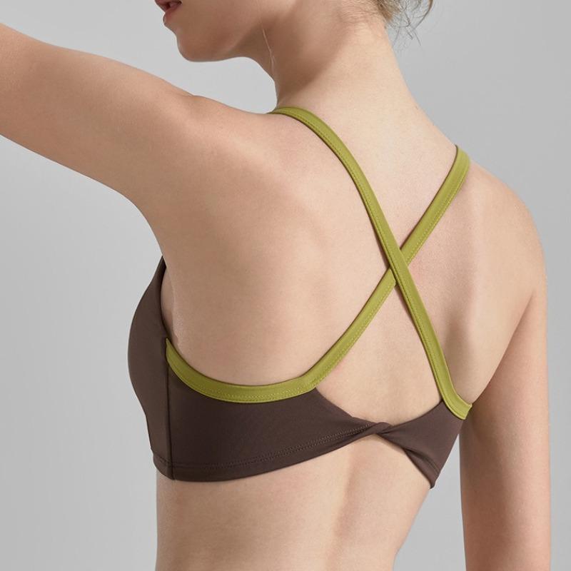 Спортивный бюстгальтер на тонких бретелях, с цветными блоками, с перекрещенной спинкой, короткое фитнес-белье, ударопрочный жилет для йоги