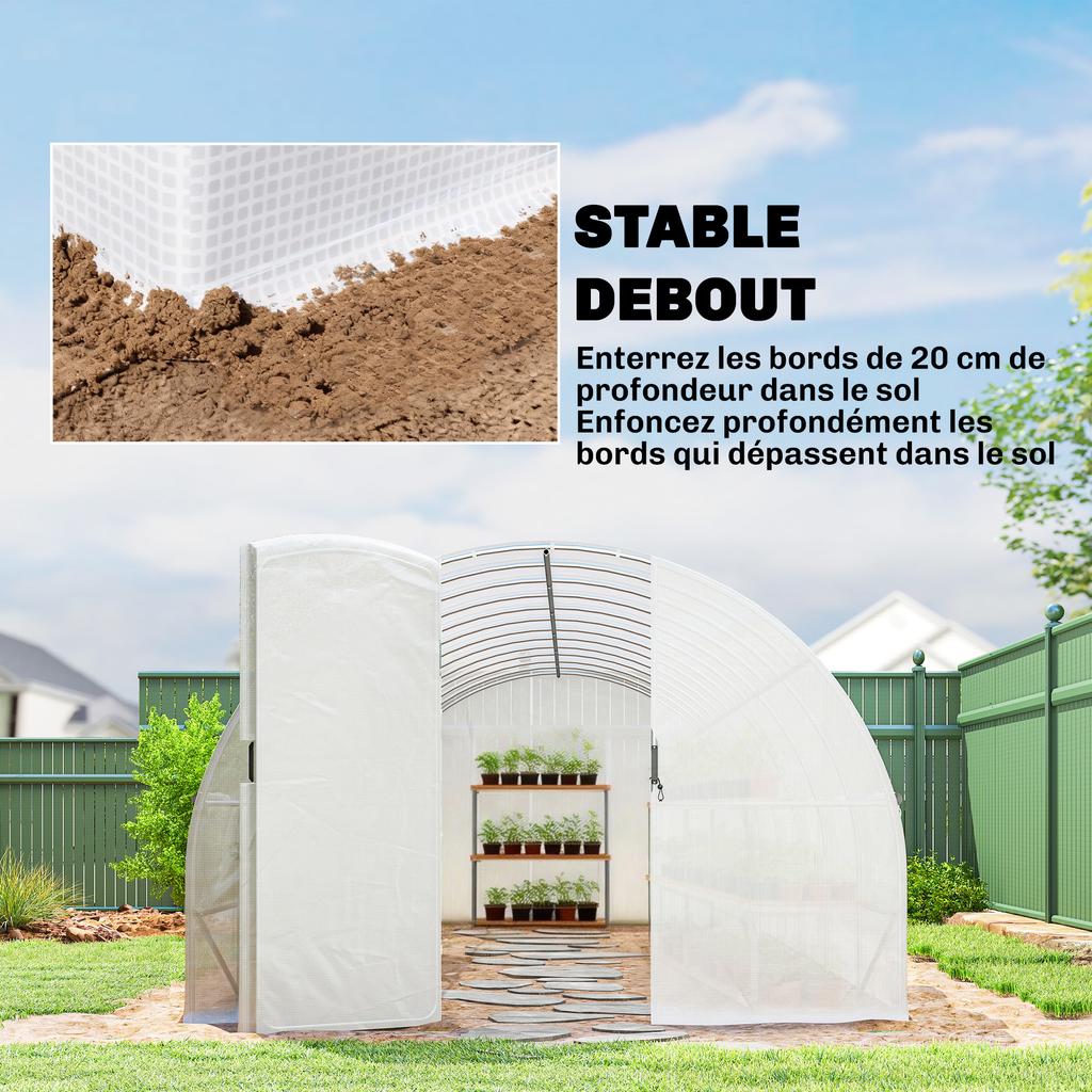 Garden tunnel greenhouse 24m², garden tunnel greenhouse with doors and 12 windows with insect screens, 295x798x199cm, white