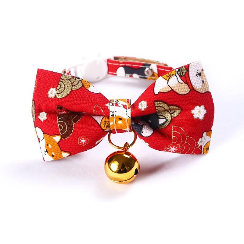 Adjustable Pet Bow Tie Collar With Bell Cats Dogs - Cute Cartoon Maneki-neko Design Nylon S Size