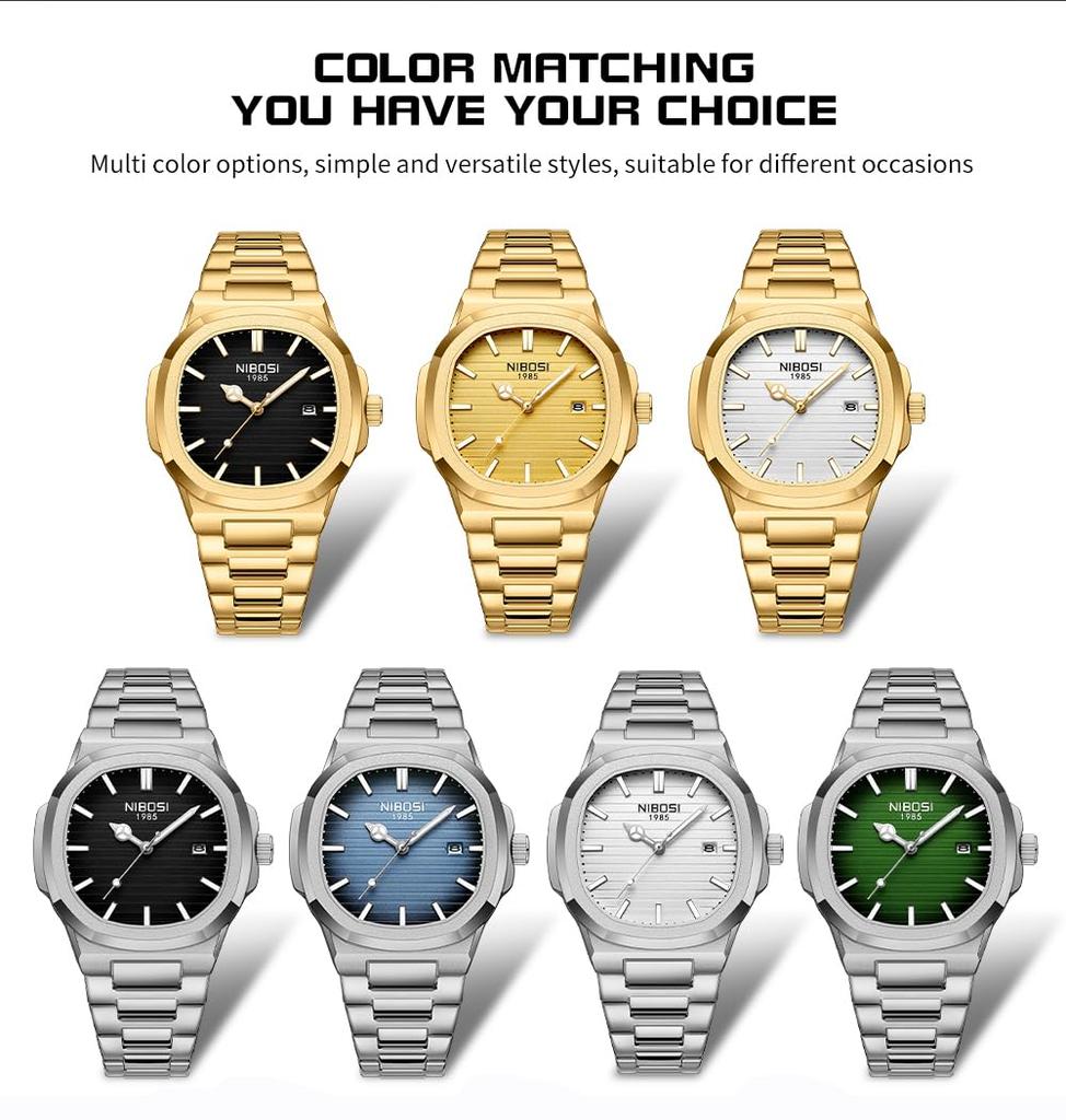 NIBOSI Металлические часы из нержавеющей стали для мужчин Мужские часы, Стильные, Деловые, Стальные, Наручные часы, Джентльменские, Водонепроницаемые, Аналоговые, Ремешок, Повседневные, Дата, Люминесцентные,
