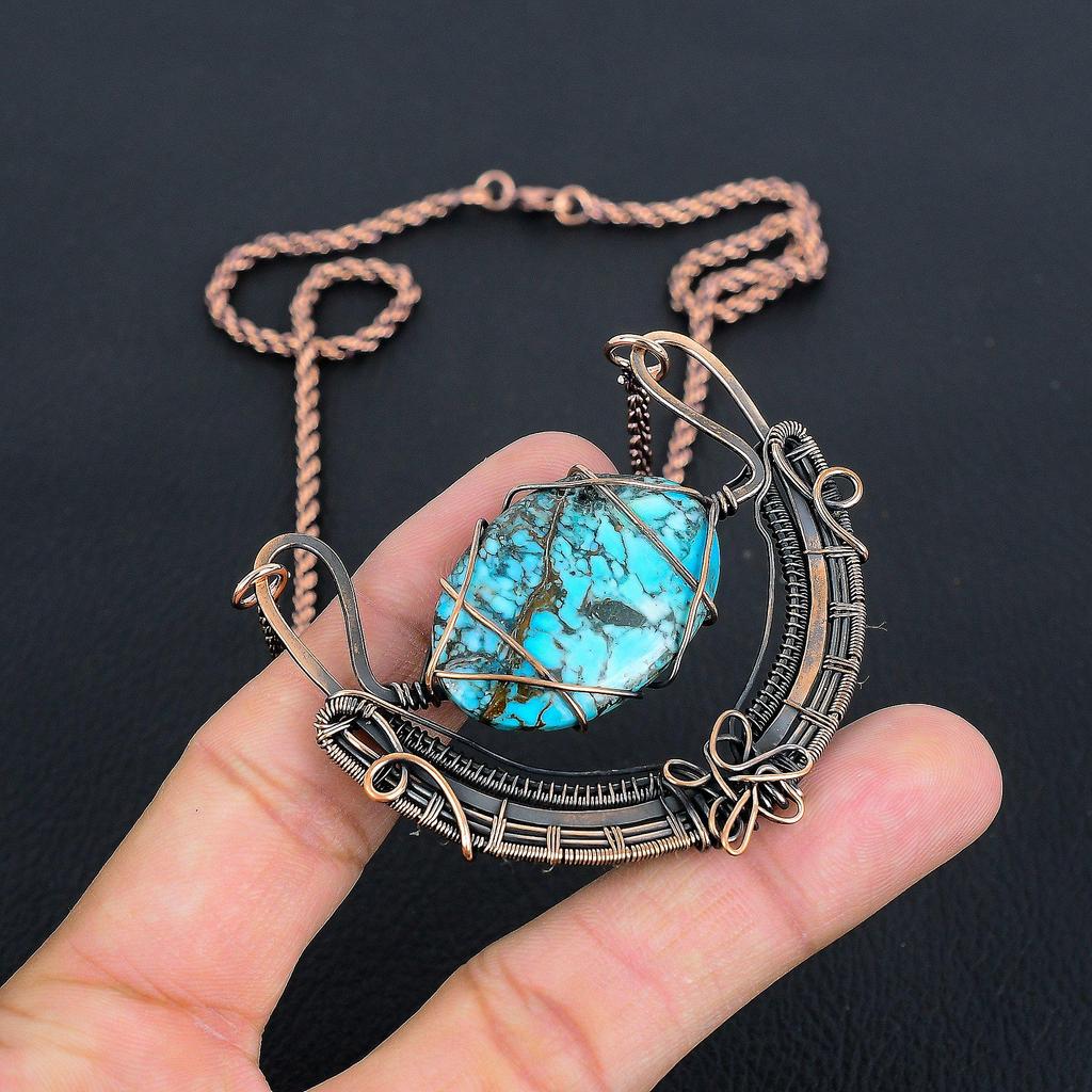 Tibetan Turquoise Gemstone Handmade Copper Wire Wrap Jewelry Necklace For Women