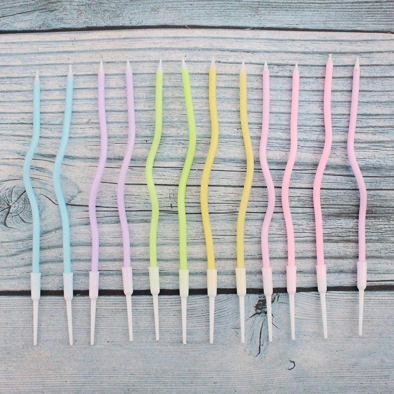 Новые разноцветные изогнутые свечи для торта на день рождения, креативные, для вечеринки, 12 шт., в упаковке на присоске, розовые, синие, изогнутые свечи