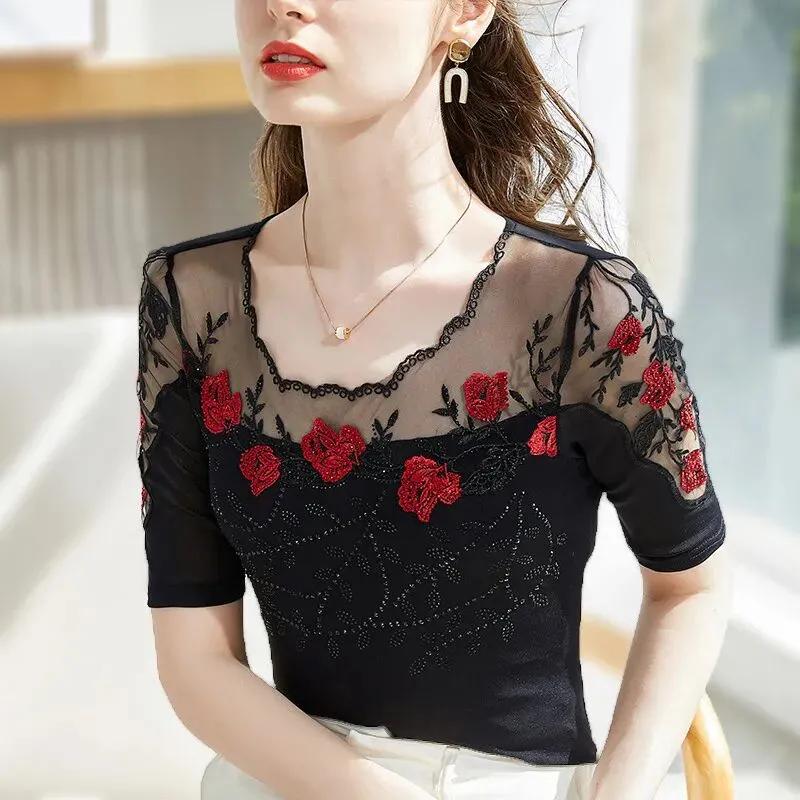 Women's Summer Thin Lace Bottoming Shirt Mid-sleeved Fashion Diamond Stretch Rose T-shirt Top