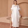 Plus Size Middle Eastern Women's Solid Color Round Neck Bow Slit Long Dress - Loose, Elegant, and Comfortable