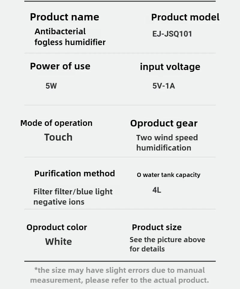 4L Fog Free Large Capacity Humidifier Sterilization Cold Evaporation Molecules USB Charging Safer Multiple Filtration Healthier