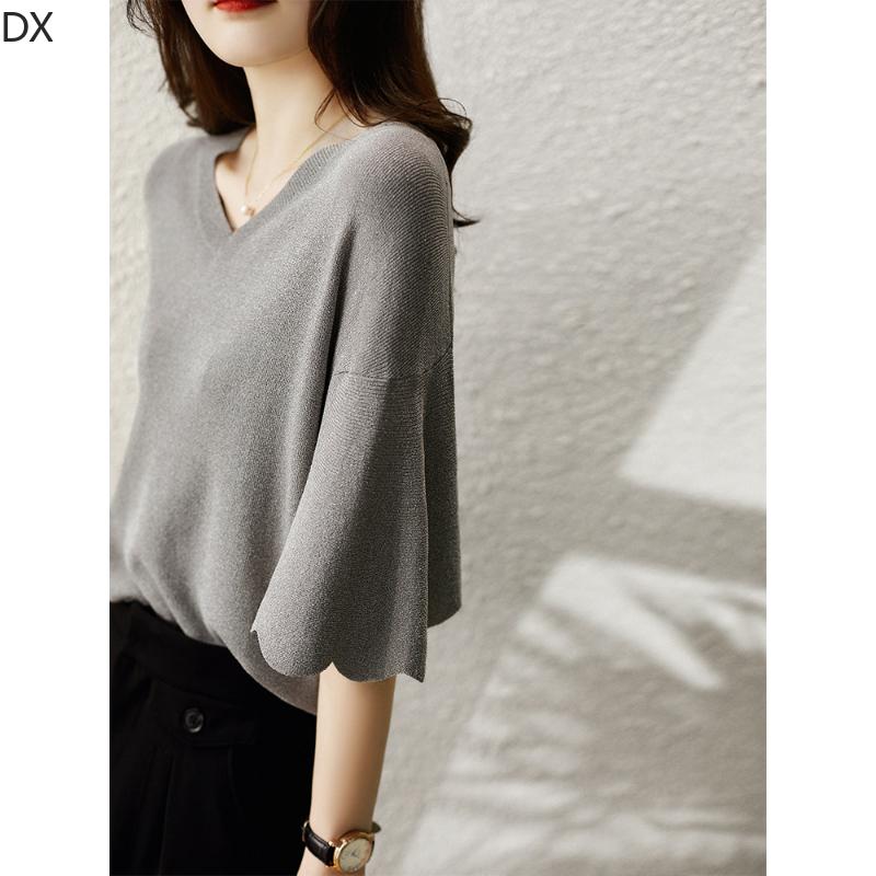 DX-Micro расклешенный топ с лепестковыми рукавами и v-образным вырезом, женская летняя вязаная футболка, свободный свитер из ледяного шелка с короткими рукавами, тонкая женская рубашка в иностранном стиле