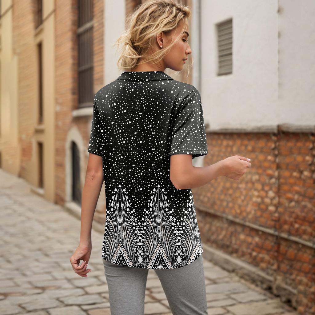 Womens Short Sleeve T Shirts Pleated V Neck Printing Tee Collared Summer Tops Fashion Business Casual Work