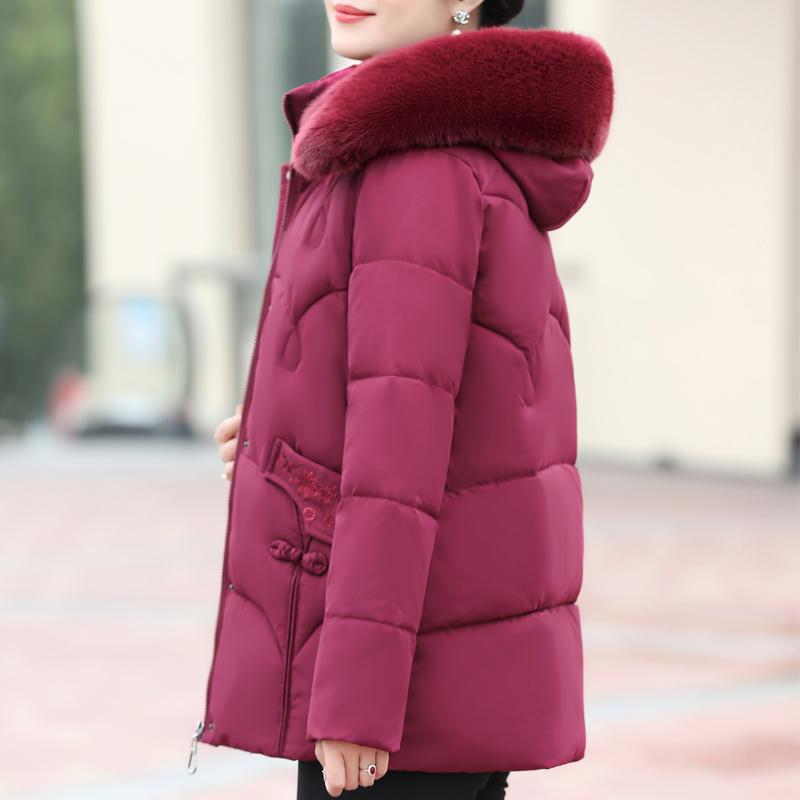 Middle Age Women's Winter Plus Size Jackets Elegant Faux Fur Collar Thick Warm Short Outerwears Loose Female Parkas Hooded