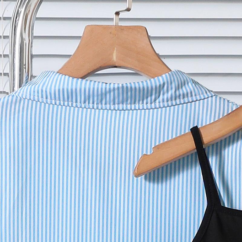 Девочковый трехпредметный комплект Весна 2026: Рубашка в полоску с лацканами, Топ-камисоль, Длинные брюки