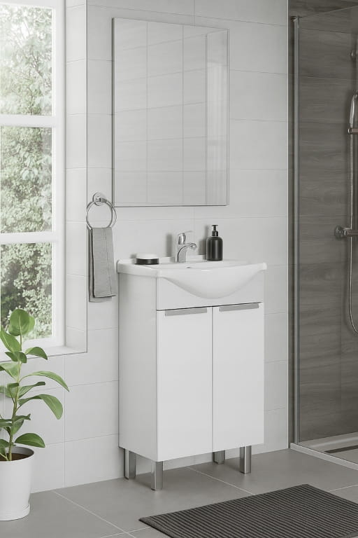 Bathroom cabinet with a washbasin on legs 85x60, standing, white Lily, with an elongated chrome tap