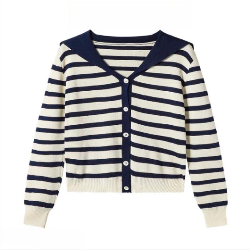 A New Autumn Knitted Cardigan for Women with A Contrasting Color Navy Collar and Stripes, Making Them Look Slimmer