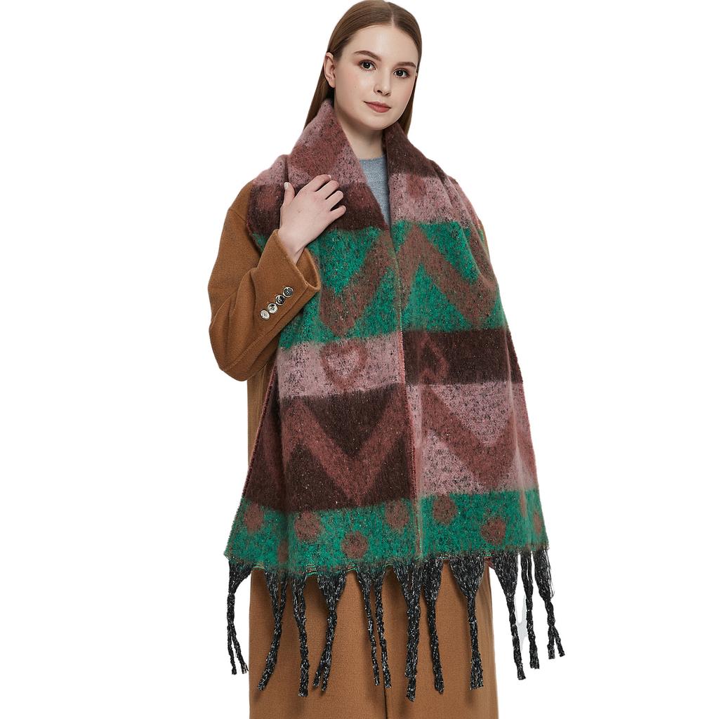 Female Warm Shawl Autumn Winter Thick Love Wave Print Scarf Tassel