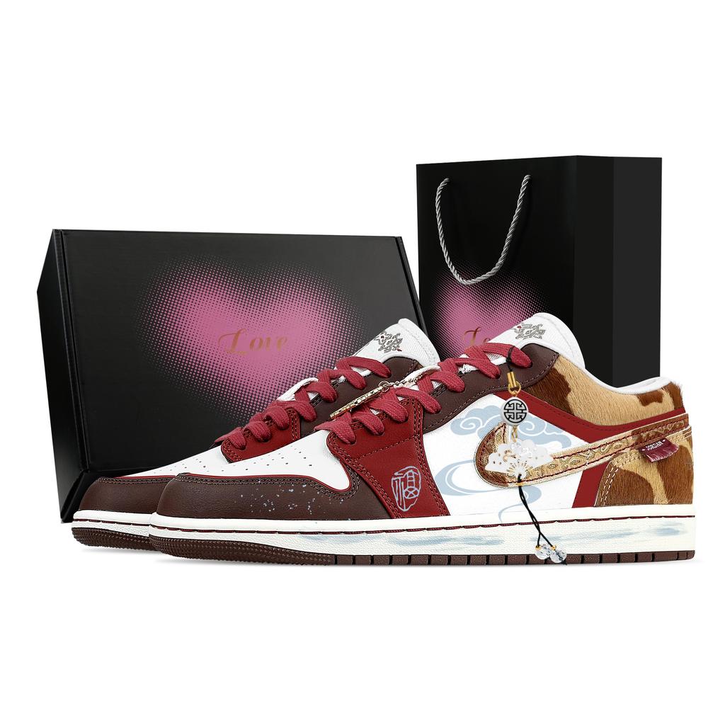 Jordan Air Jordan 1 Cyan Cloud Prosperity, Heart Box Low top Vintage Basketball Shoes Men's Brown Red IQ5321-121(Team773--)