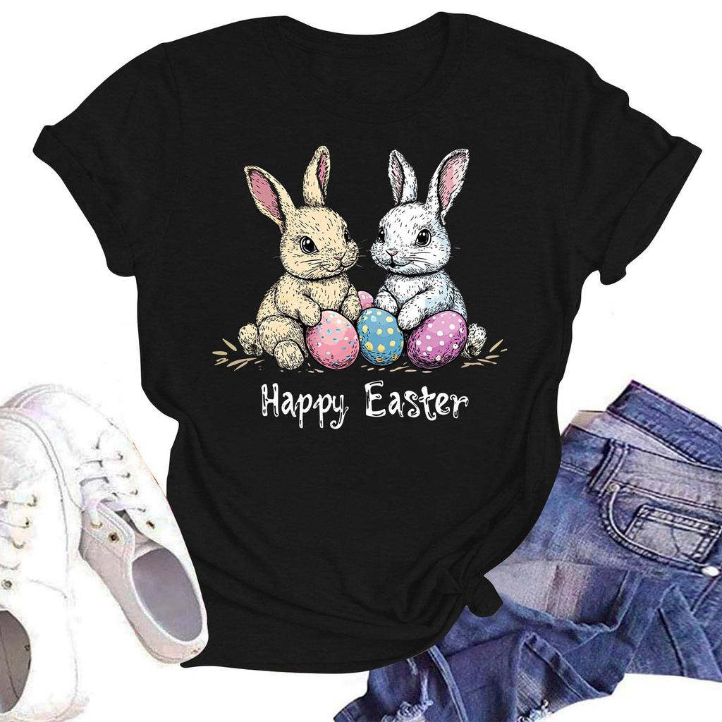 Happy Easter Women's Fashion Printed Round Neck Short Sleeve T-Shirt Pullover Top