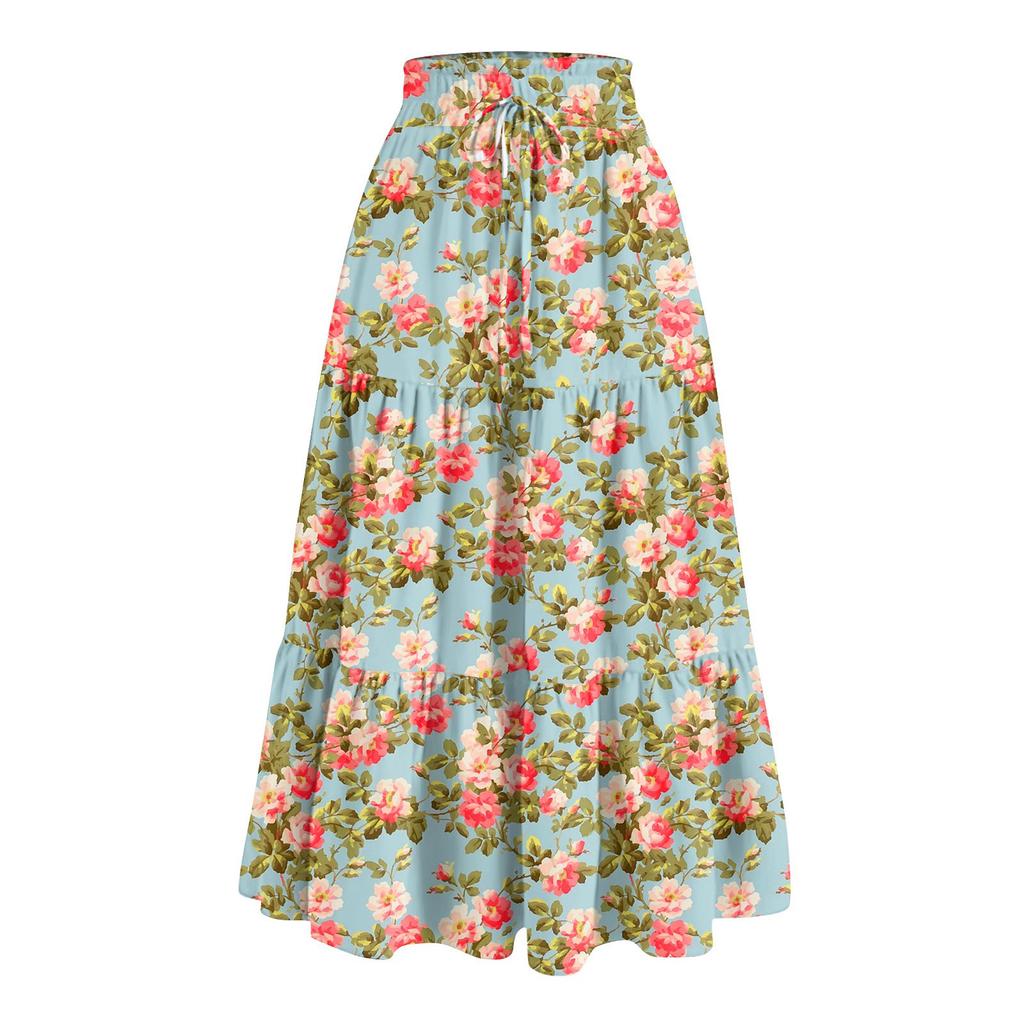 Women's Ruffled Spring Casual Long Skirt Plain Color Skirt Retro Pleated Skirt