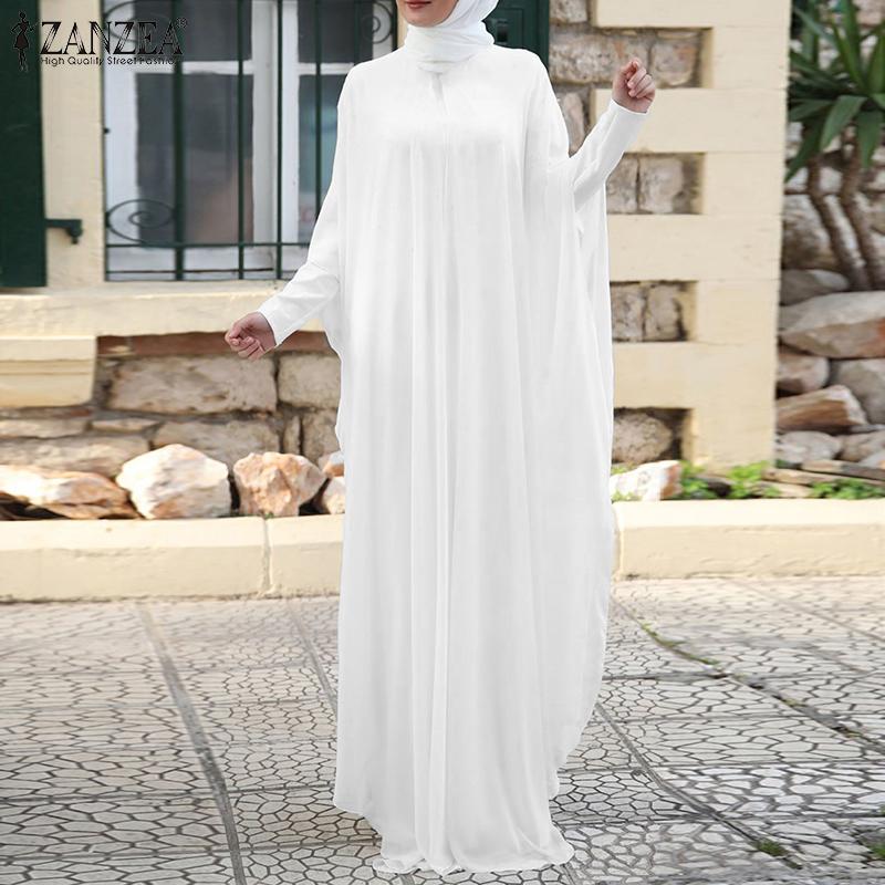 ZANZEA Muslim Women Prayer Dress Women O-neck Batwing Sleeve Chiffon Long Dress Abayas Islamic Clothes