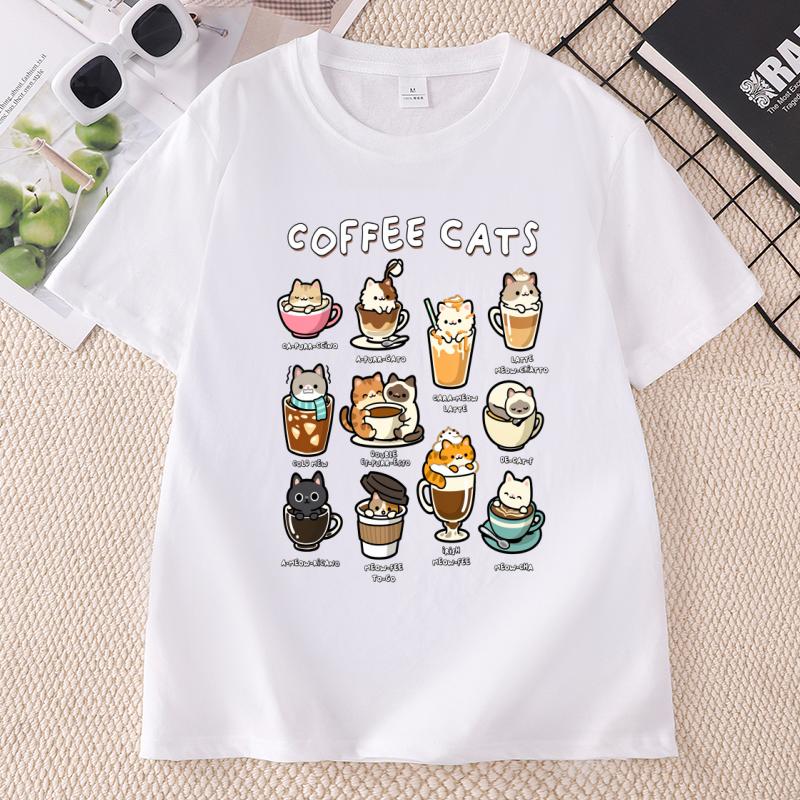 Смешные Коты с Кофе Хлопковые Футболки с Коротким Рукавом с Круглым Вырезом с Принтом Унисекс Унисекс Уличная Одежда Футболка для Любителя Кошек Унисекс Одежда