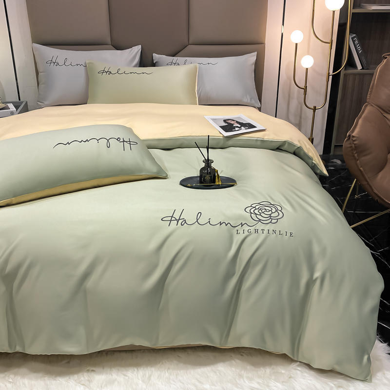 Комплект из четырех предметов из сатина из стираного хлопка, пододеяльник из ледяного шелка, простыня из шелковистой и прохладной ткани Tencel.