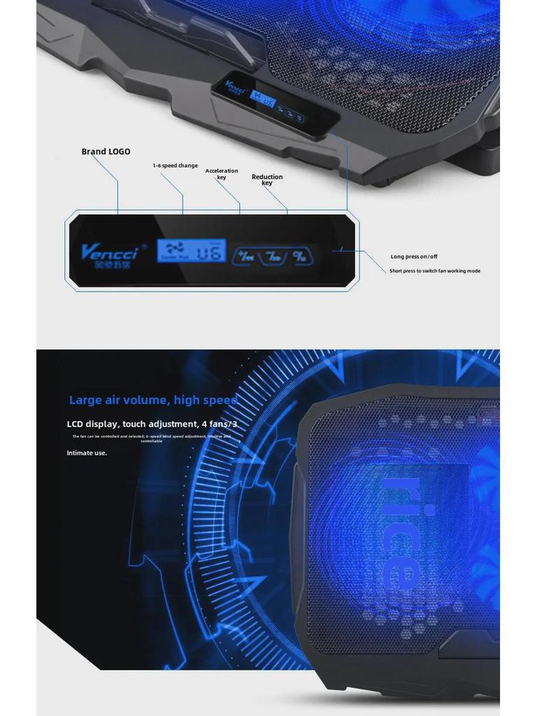 Adjustable Speed Laptop Cooling Pad for 13", 14", 15.6" Laptops with Radiator and Fan Base