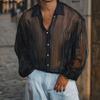 Oversized Summer Men Lapel Neck Long Sleeve Striped See Through Casual Shirts
